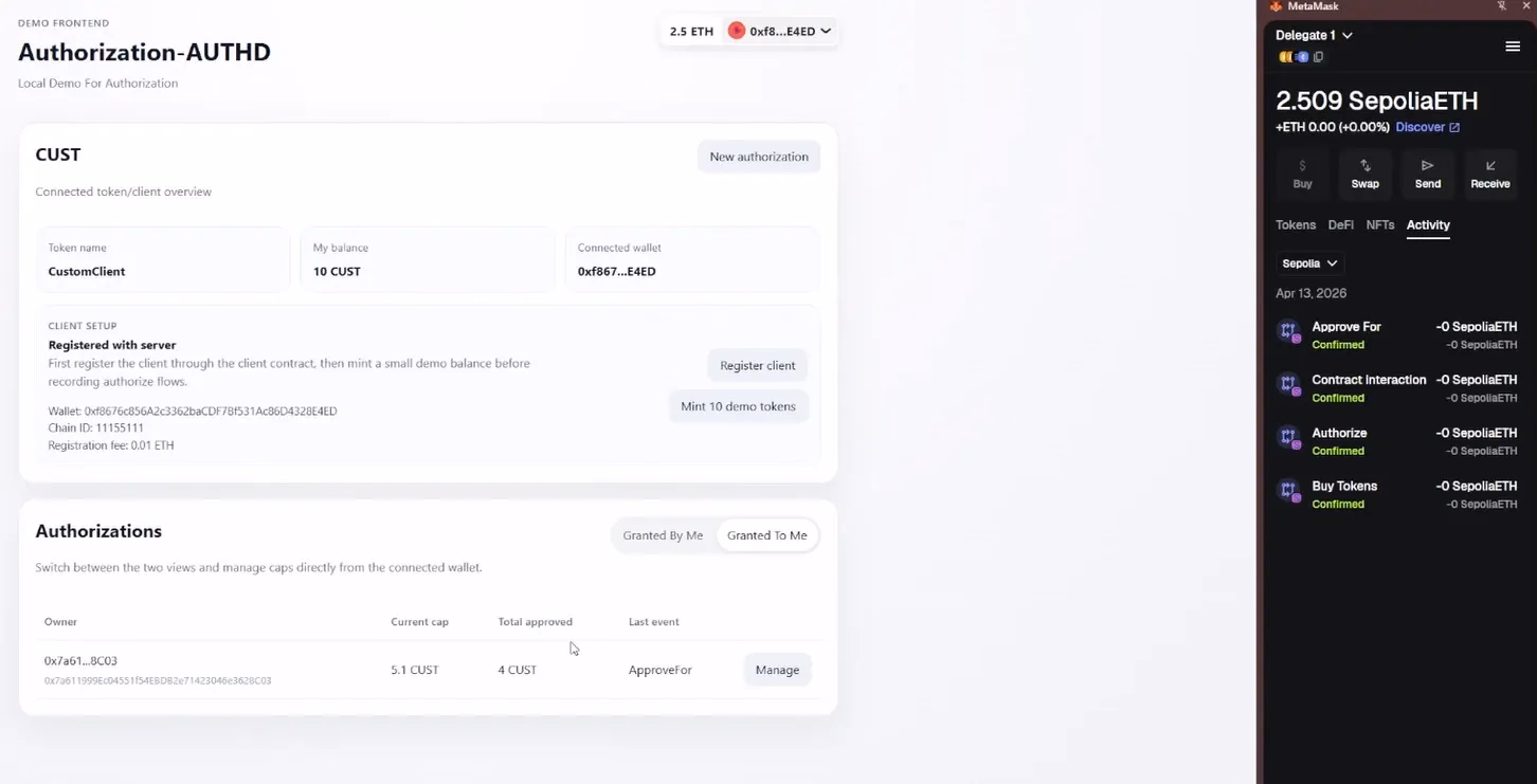 The ERC20Authorized frontend: wallet connection, authorization table, and authorize/approve/revoke flows against the deployed Sepolia contracts