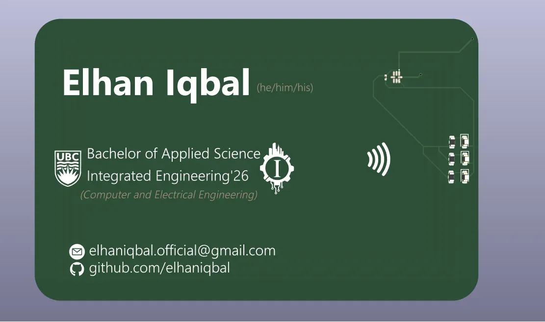 3D render of the finished PCB business card in dark green with NFC symbol and contact details