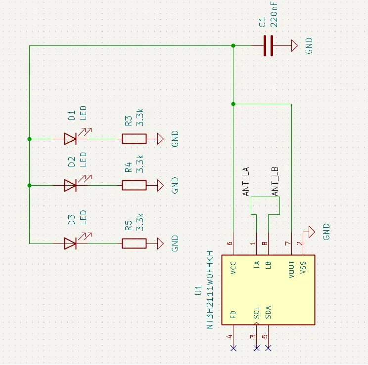 PCB schematic showing the NT3H2111 NFC chip, three LEDs with 3.3k resistors, and 220nF decoupling capacitor