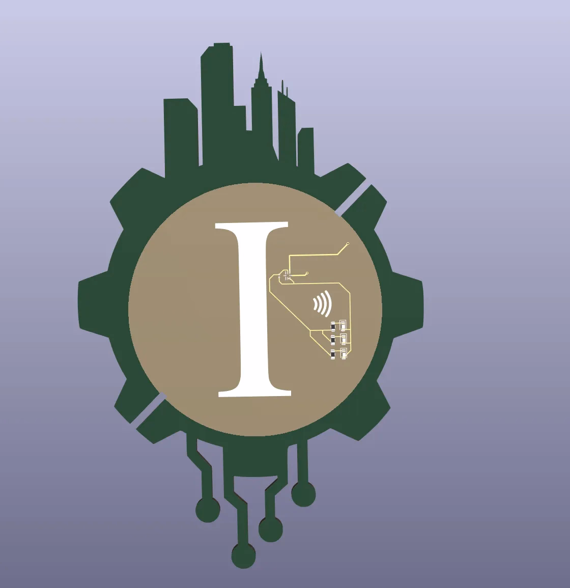 KiCad render of the UBC IGEN logo as a PCB with an embedded NFC coil