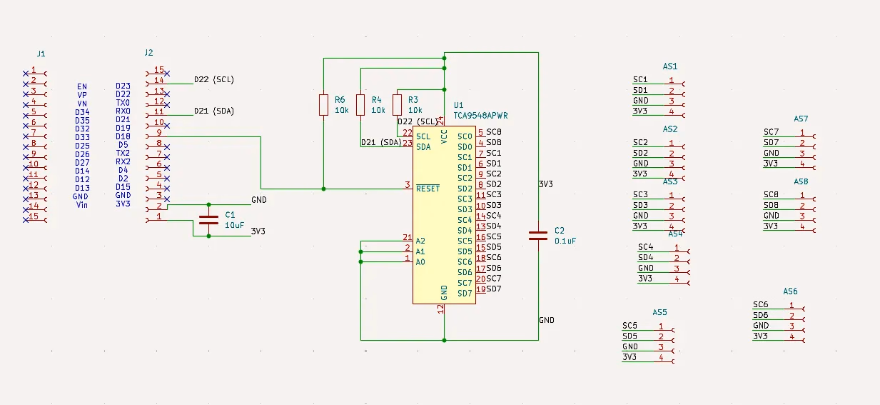 KiCad schematic of the encoder multiplexer board around a TCA9548A I2C multiplexer