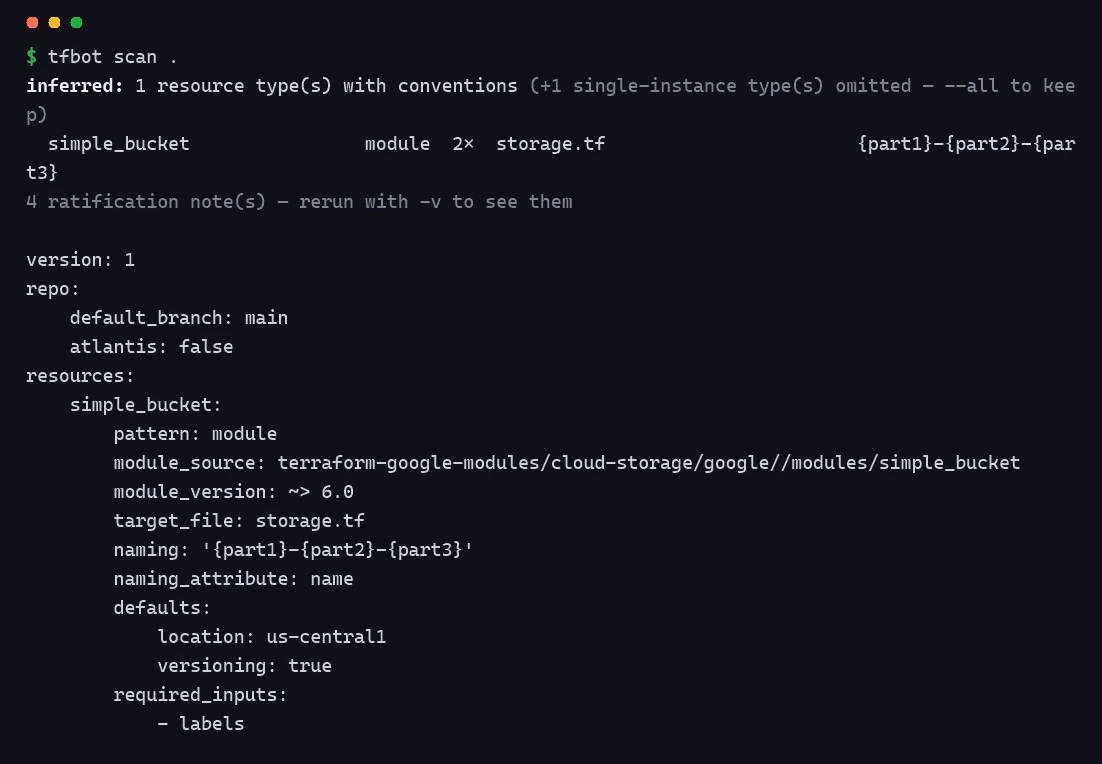 tfbot scan output: an inferred conventions table and a drafted recipe.yaml for a Google Cloud Storage module repo